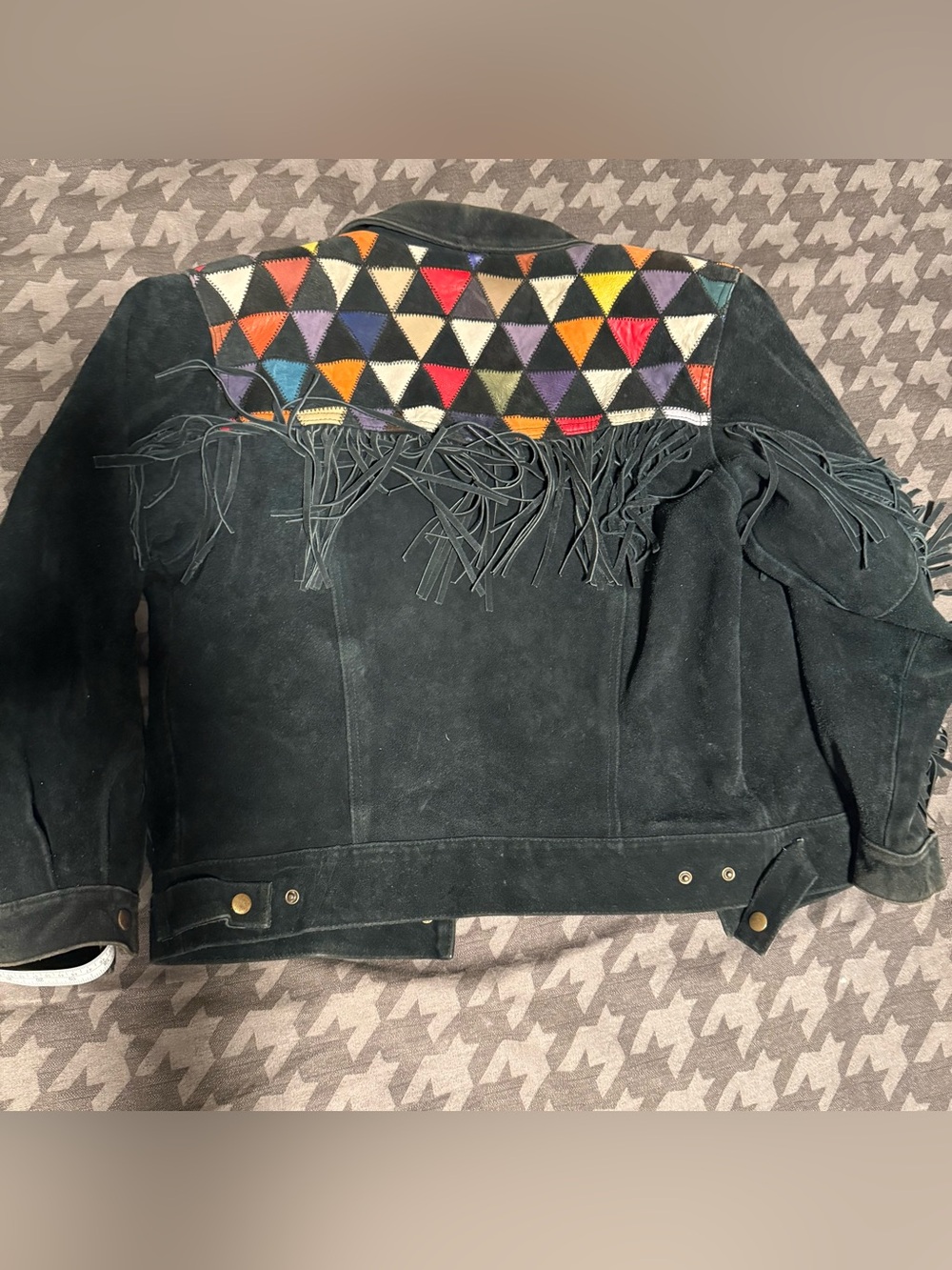 Vintage 90s Black Patchwork Leather Fringe Western Cropped Jacket southwestern - Picture 7 of 7